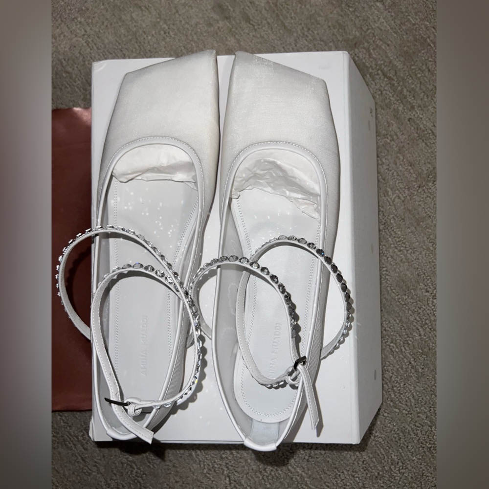 Amina Muaddi White Ane Crystal Mesh Ballerina Flats  - Size 41